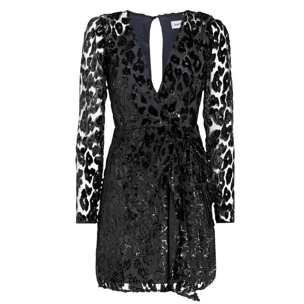 Self Portrait Metallic Leopard Black Mini Long Sleeve Dress